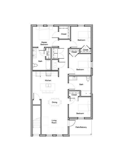 A floor plan of a house with a living room, dining room, kitchen, and three bedrooms.